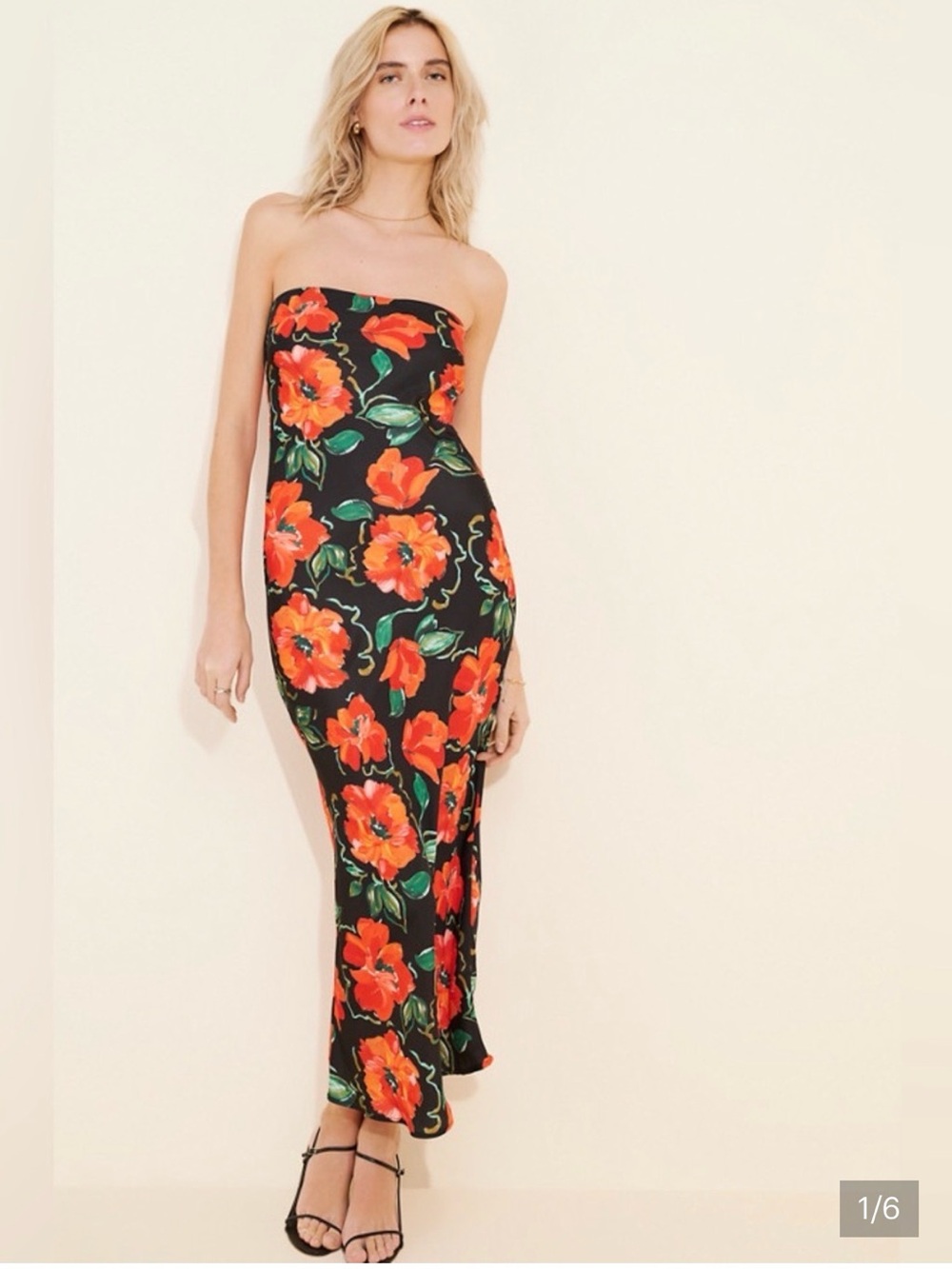RESA Strapless Black Maxi Dress with Vibrant Red Flowers